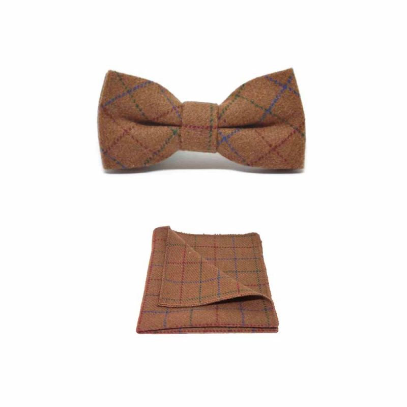 King & Priory Heritage Check Rustic Brown Bow Tie & Pocket Square Set Boxed