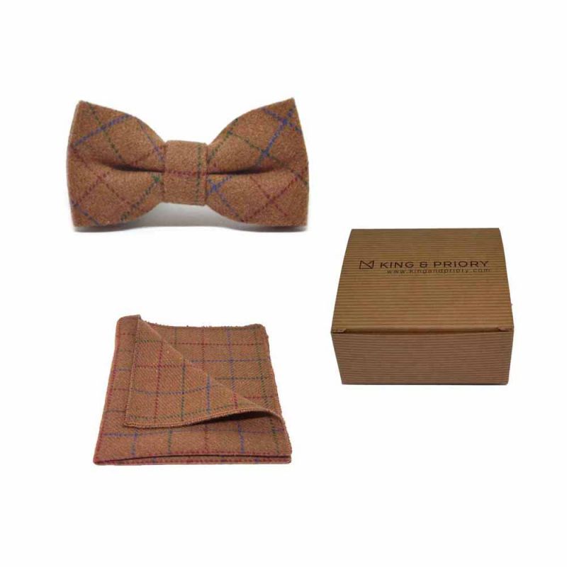 king & priory Heritage Check Rustic Brown Bow Tie & Pocket Square Set Boxed
