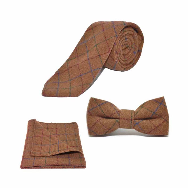 King & Priory Heritage Check Rustic Brown Bow Tie Tie & Pocket Square Set Boxed