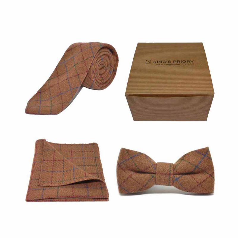 king & priory Heritage Check Rustic Brown Bow Tie Tie & Pocket Square Set Boxed