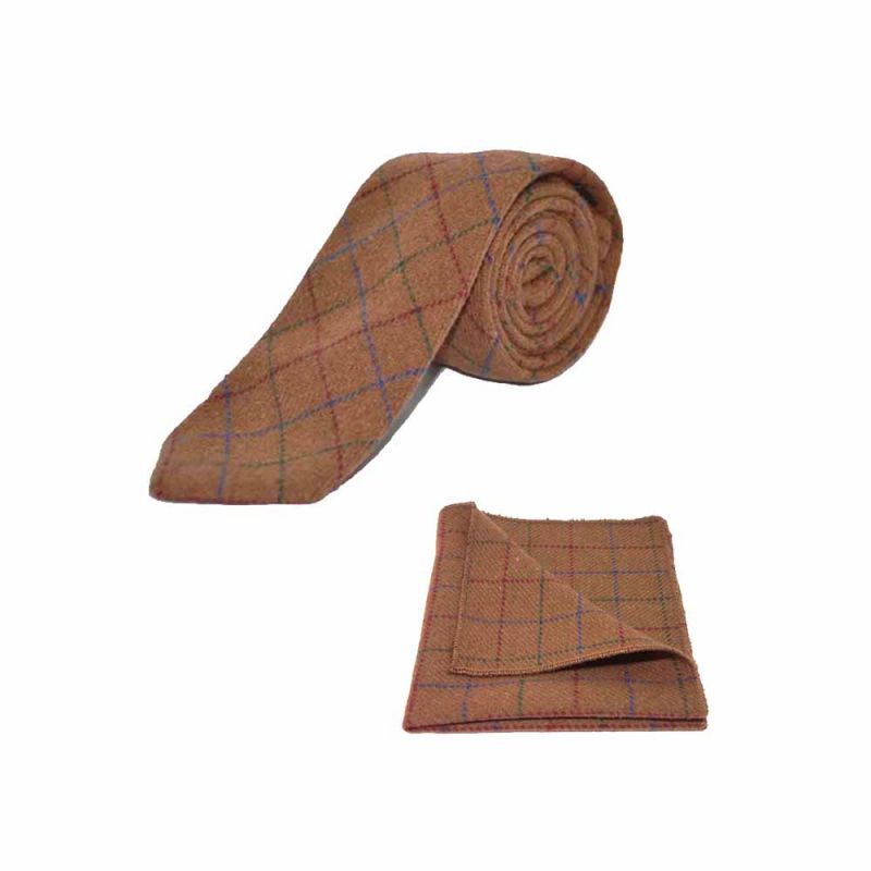 king & priory Heritage Check Rustic Brown Tie & Pocket Square Set