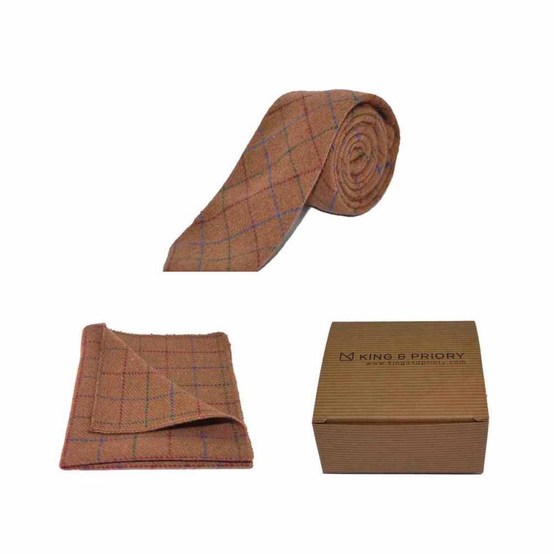 king & priory Heritage Check Rustic Brown Tie & Pocket Square Set Boxed