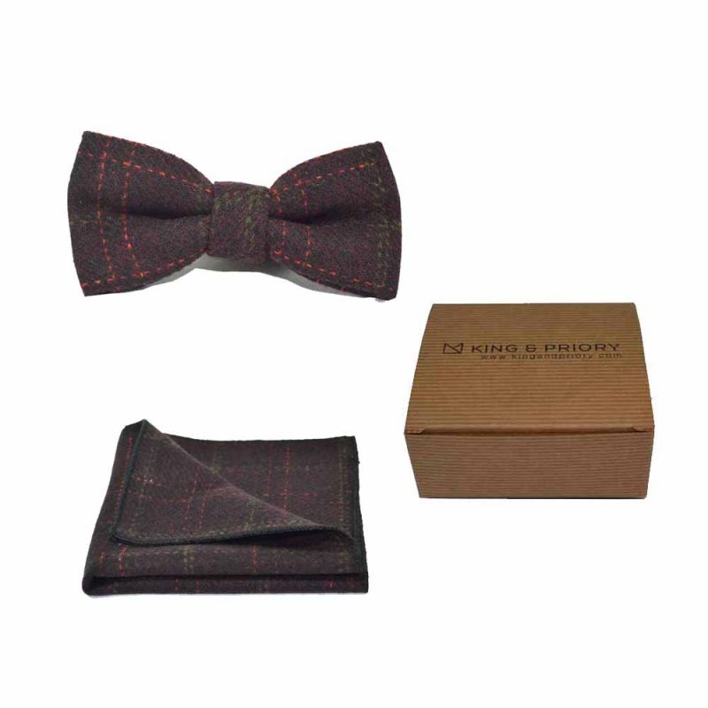 king & priory Heritage Check Wine Bow Tie & Pocket Square Set Boxed