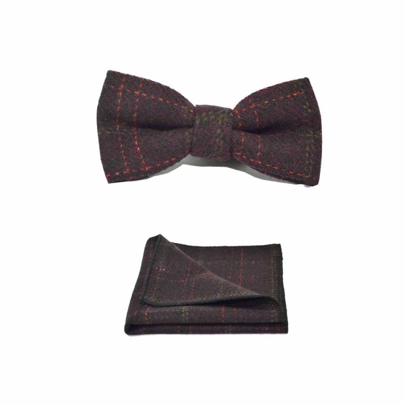 king & priory Heritage Check Wine Bow Tie & Pocket Square Set