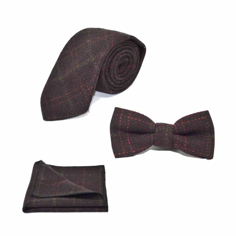 king & priory Heritage Check Wine Bow Tie Tie & Pocket Square Set