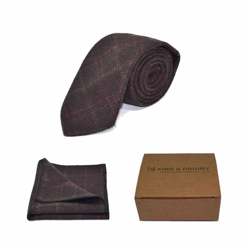 king & priory Heritage Check Wine Tie & Pocket Square Set Boxed