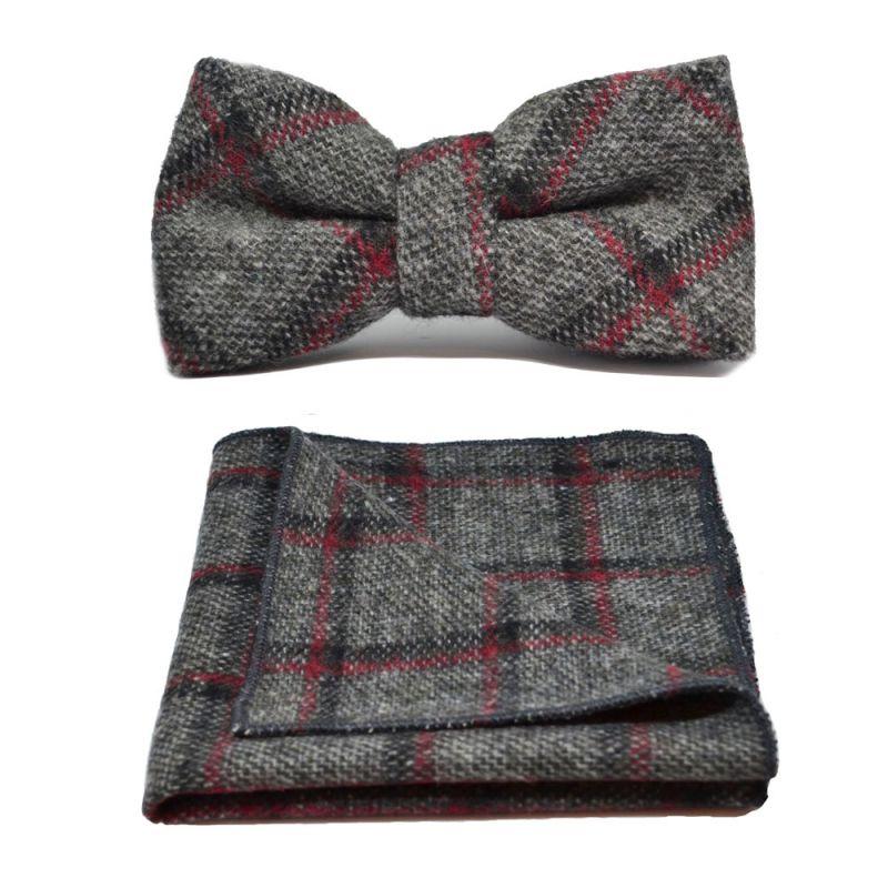 King & Priory Heritage Pebble Grey Check Bow Tie & Pocket Square Set