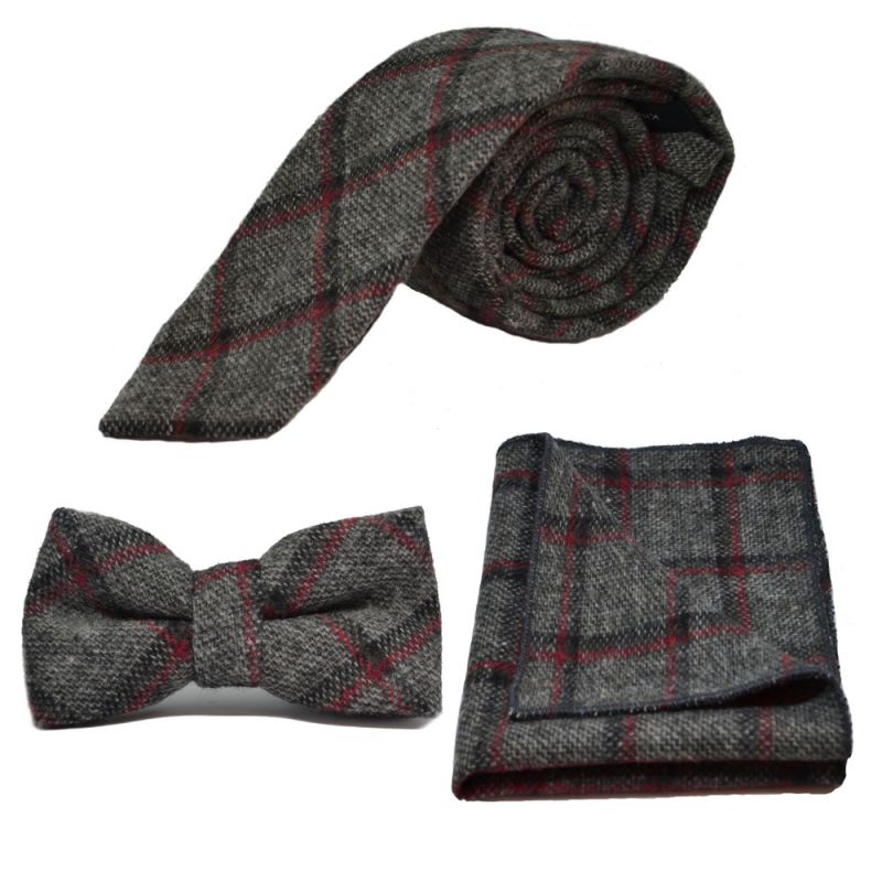 king & priory Heritage Pebble Grey Check Tie Bow Tie & Pocket Square Set