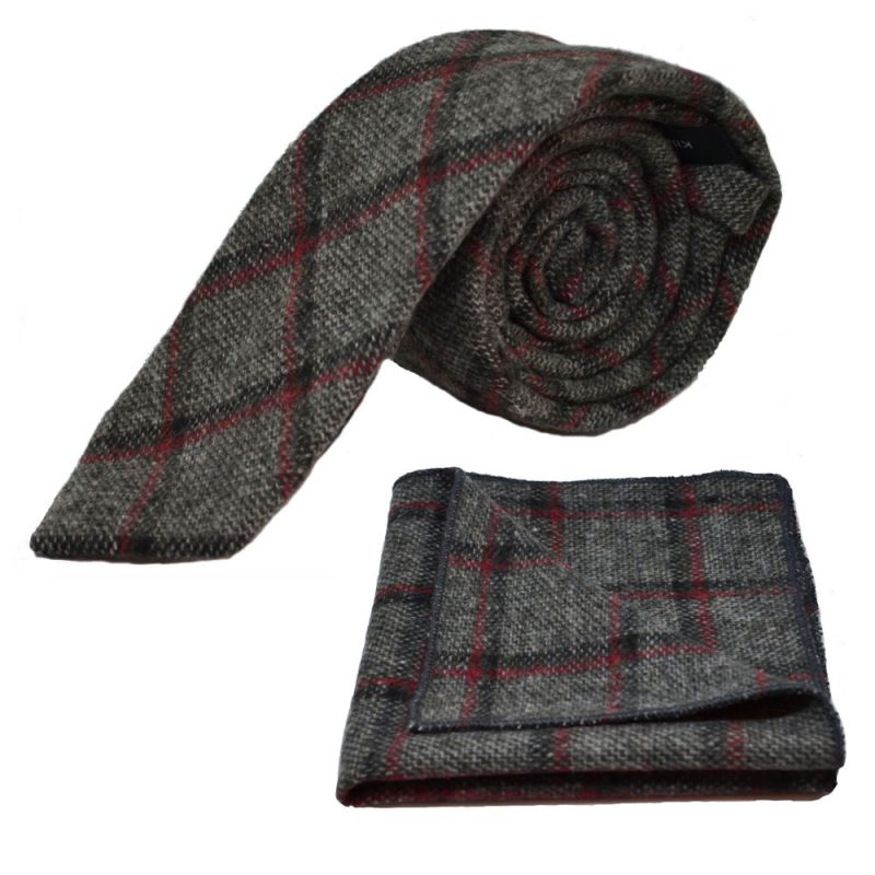 king & priory Heritage Pebble Grey Check Tie & Pocket Square Set