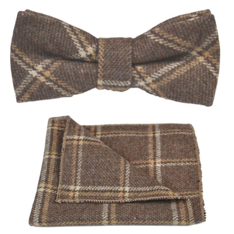 king & priory Heritage Pecan Brown Check Bow Tie & Pocket Square Set