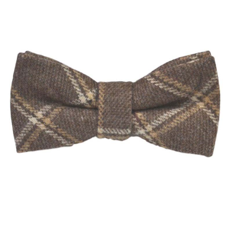 King & Priory Heritage Pecan Brown Check Tie Bow Tie & Pocket Square Set
