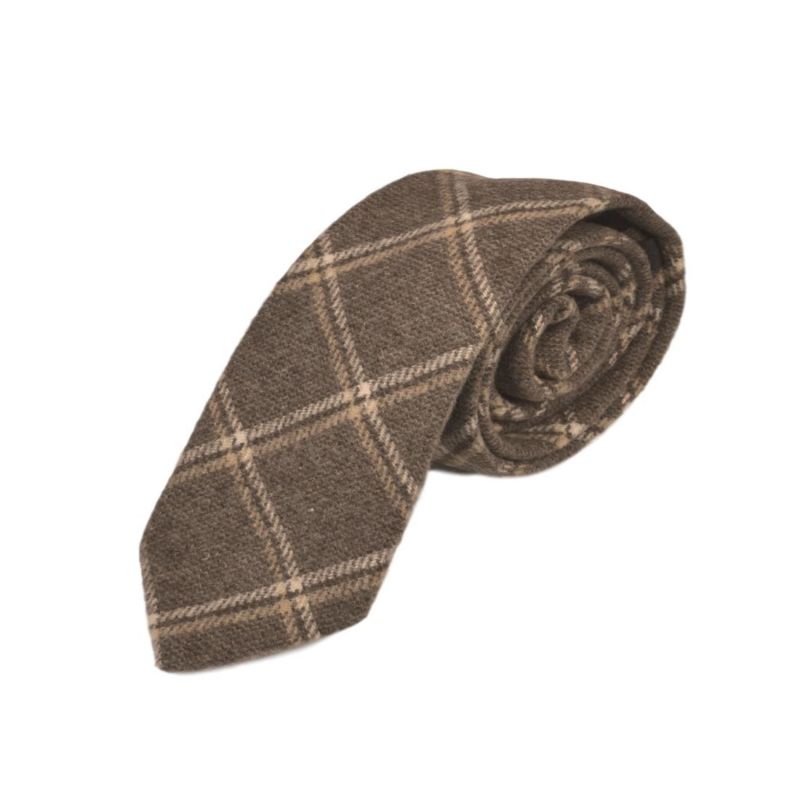 King & Priory Heritage Pecan Brown Check Tie Bow Tie & Pocket Square Set