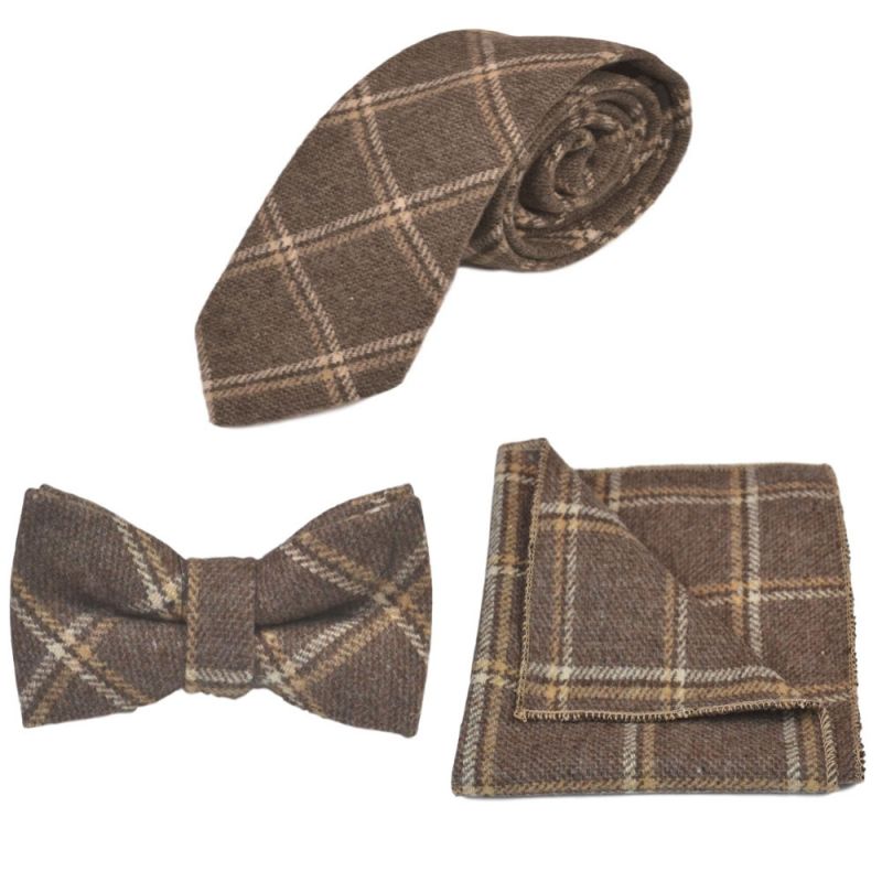 king & priory Heritage Pecan Brown Check Tie Bow Tie & Pocket Square Set