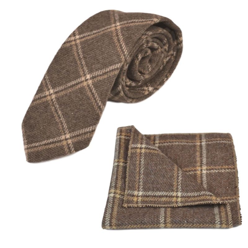 King & Priory Heritage Pecan Brown Check Tie & Pocket Square Set