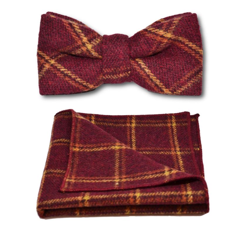 King & Priory Heritage Warm Red Check Bow Tie & Pocket Square Set