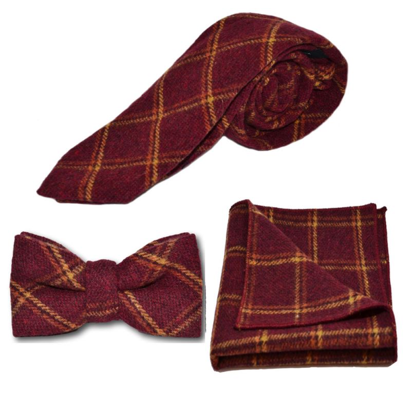 king & priory Heritage Warm Red Check Tie Bow Tie & Pocket Square Set