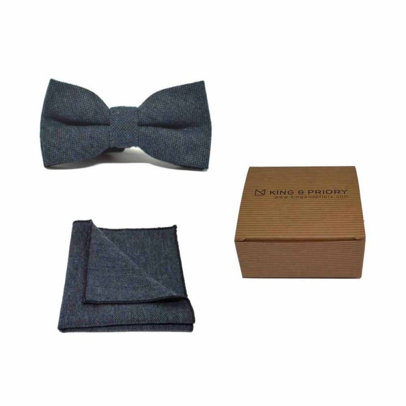 king & priory Highland Weave Deep Blue Bow Tie & Pocket Square Set Boxed