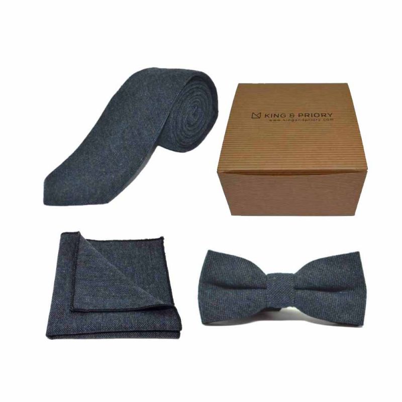 king & priory Highland Weave Deep Blue Bow Tie Tie & Pocket Square Set Boxed