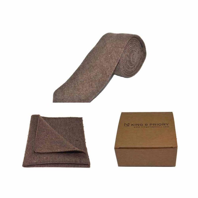king & priory Highland Weave Hessian Brown Tie & Pocket Square Set Boxed