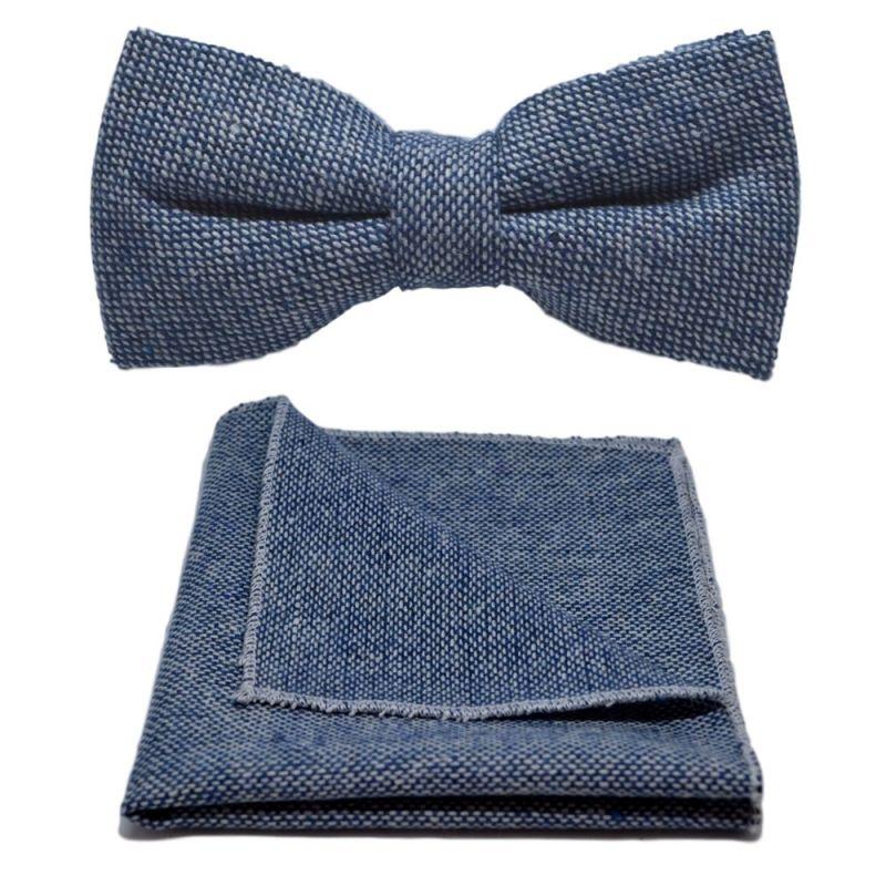king & priory Highland Weave Stonewashed Blue Bow Tie & Pocket Square Set
