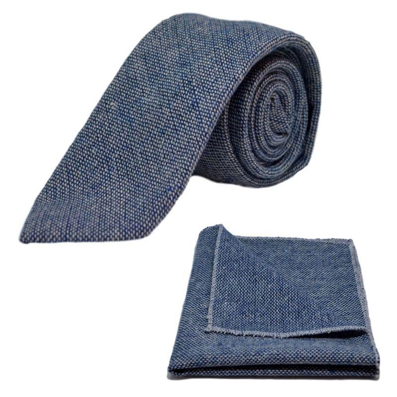 king & priory Highland Weave Stonewashed Blue Tie & Pocket Square Set
