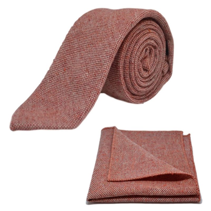 king & priory Highland Weave Stonewashed Brick Red Tie & Pocket Square Set