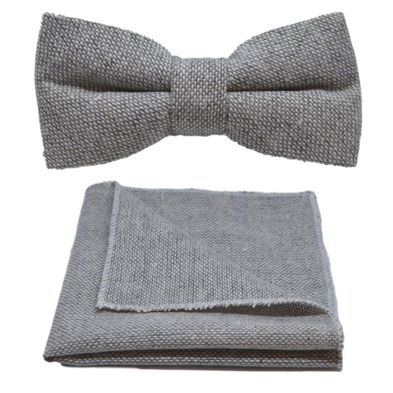 king & priory Highland Weave Stonewashed Light Grey Bow Tie & Pocket Square Set