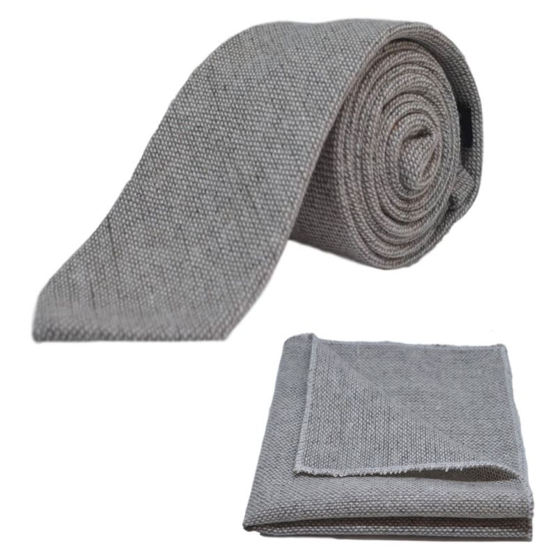 King & Priory Highland Weave Stonewashed Light Grey Tie & Pocket Square Set