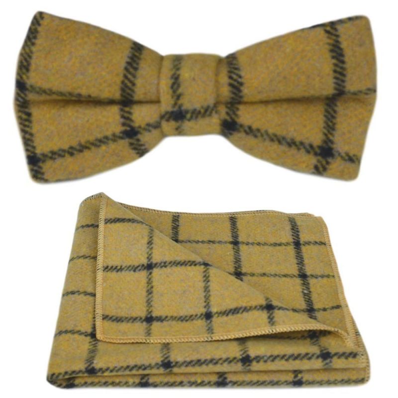 King & Priory Honey Brown Birdseye Check Bow Tie & Pocket Square Set