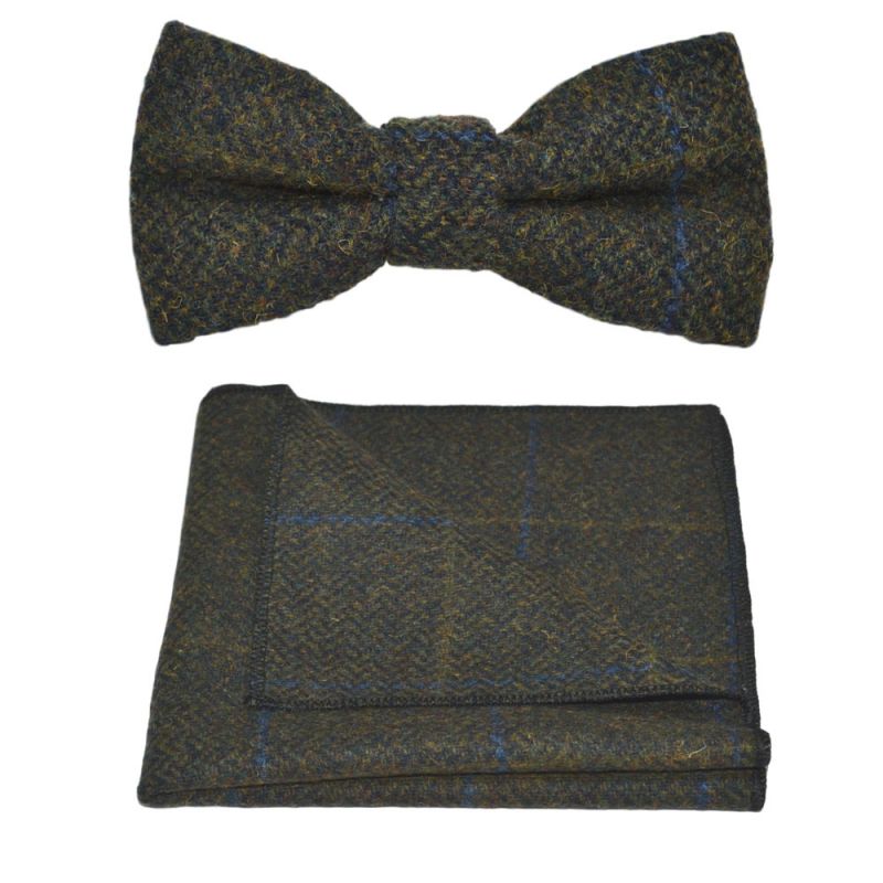 king & priory Juniper Green Herringbone Check Bow Tie & Pocket Square Set