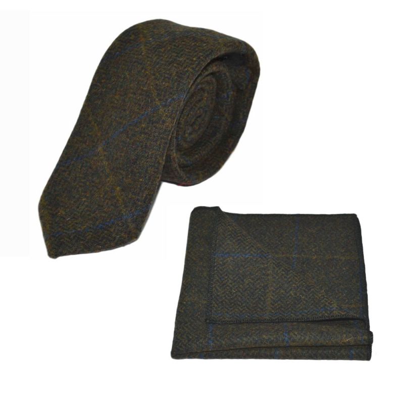 King & Priory Juniper Green Herringbone Check Tie & Pocket Square Set