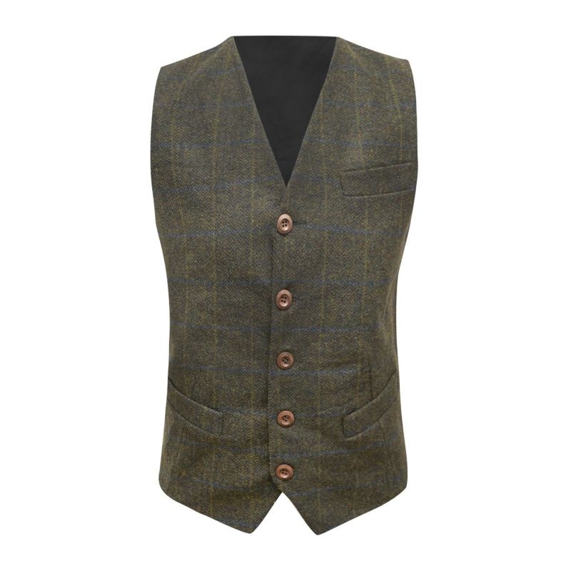 King & Priory Juniper Green Herringbone Check Waistcoat