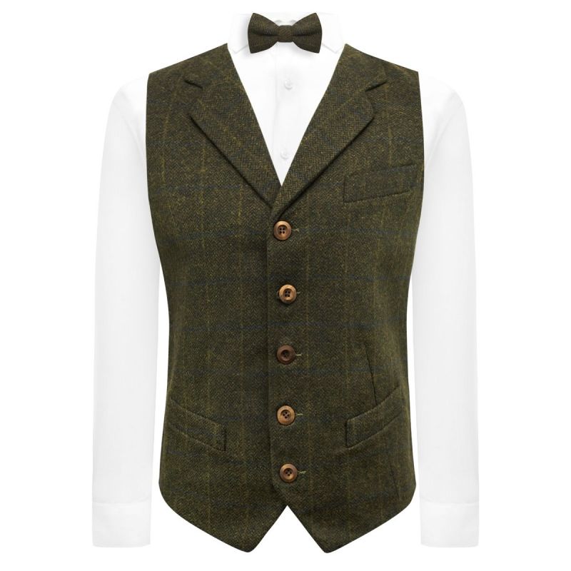 King & Priory Juniper Green Herringbone Check Waistcoat With Lapel