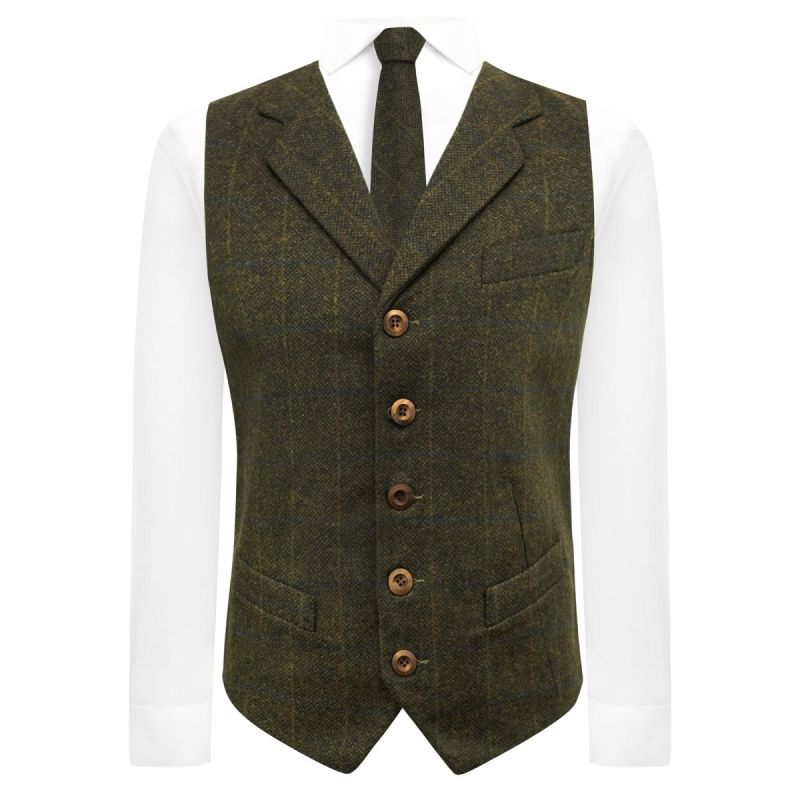 King & Priory Juniper Green Herringbone Check Waistcoat With Lapel