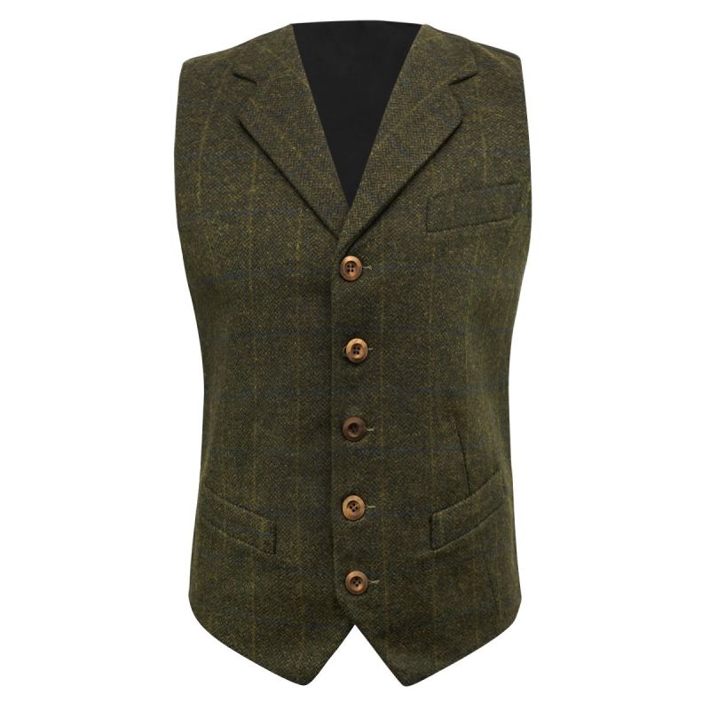 King & Priory Juniper Green Herringbone Check Waistcoat With Lapel