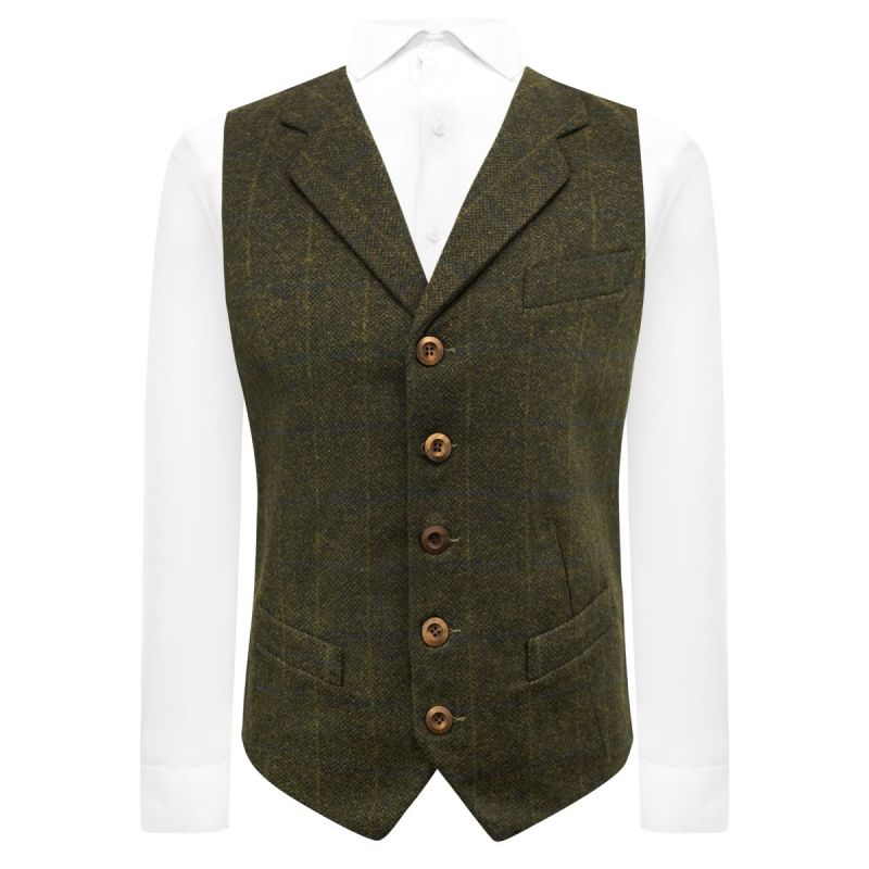 king & priory Juniper Green Herringbone Check Waistcoat with Lapel