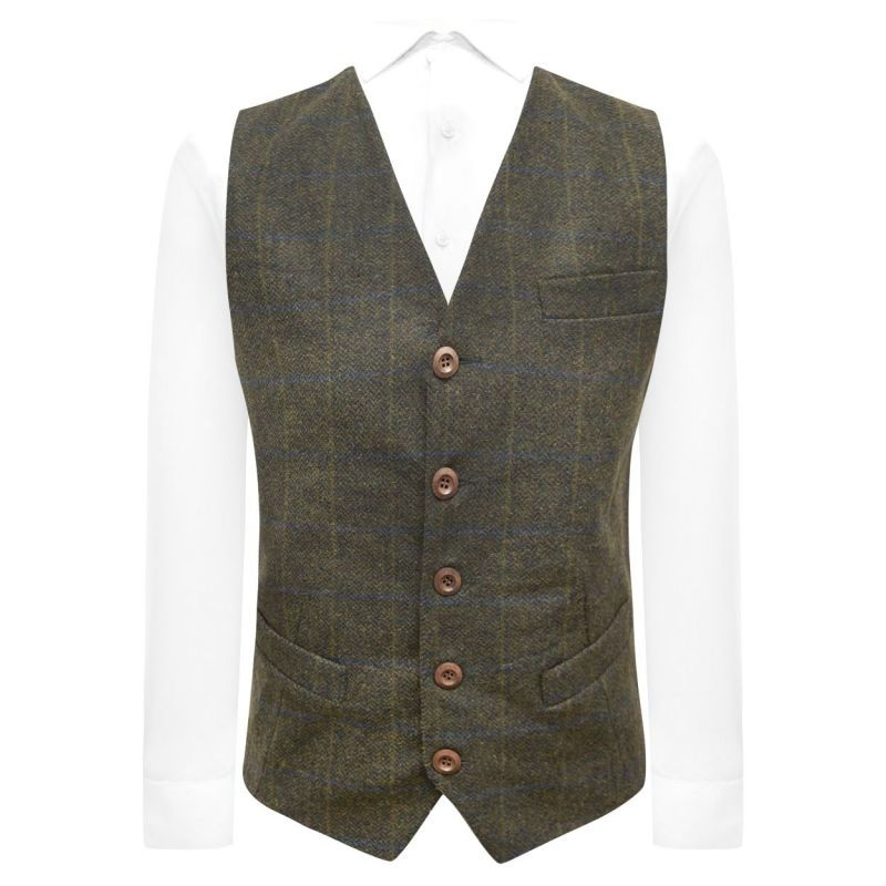 king & priory Juniper Green Herringbone Check Waistcoat