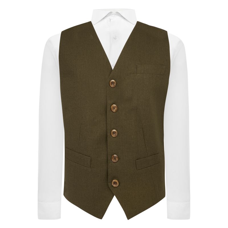 King & Priory Army Green Linen Waistcoat