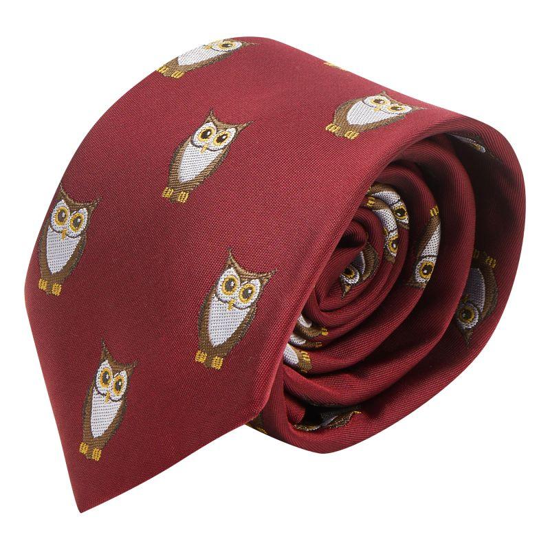 King & Priory Burgundy Red Owl Embroidered Tie