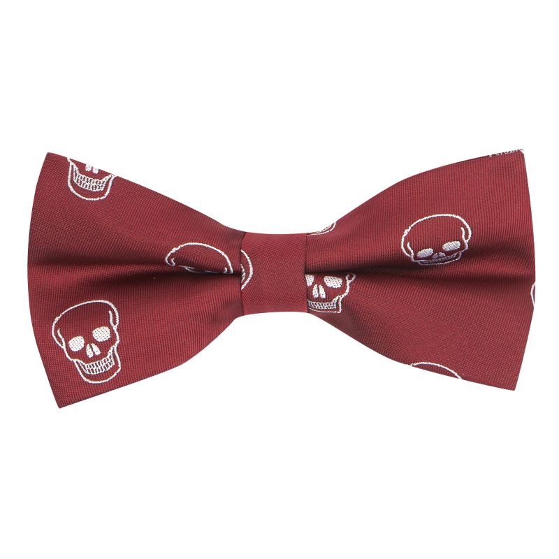 king & priory Burgundy Red Skull Embroidered Bow Tie