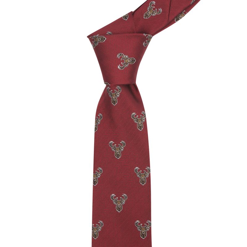 King & Priory Burgundy Red Stag Head Herringbone Tie