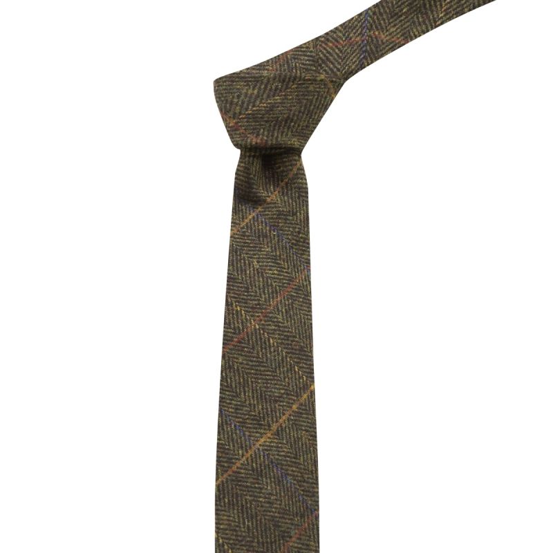 King & Priory Dark Olive Green Herringbone Check Tie