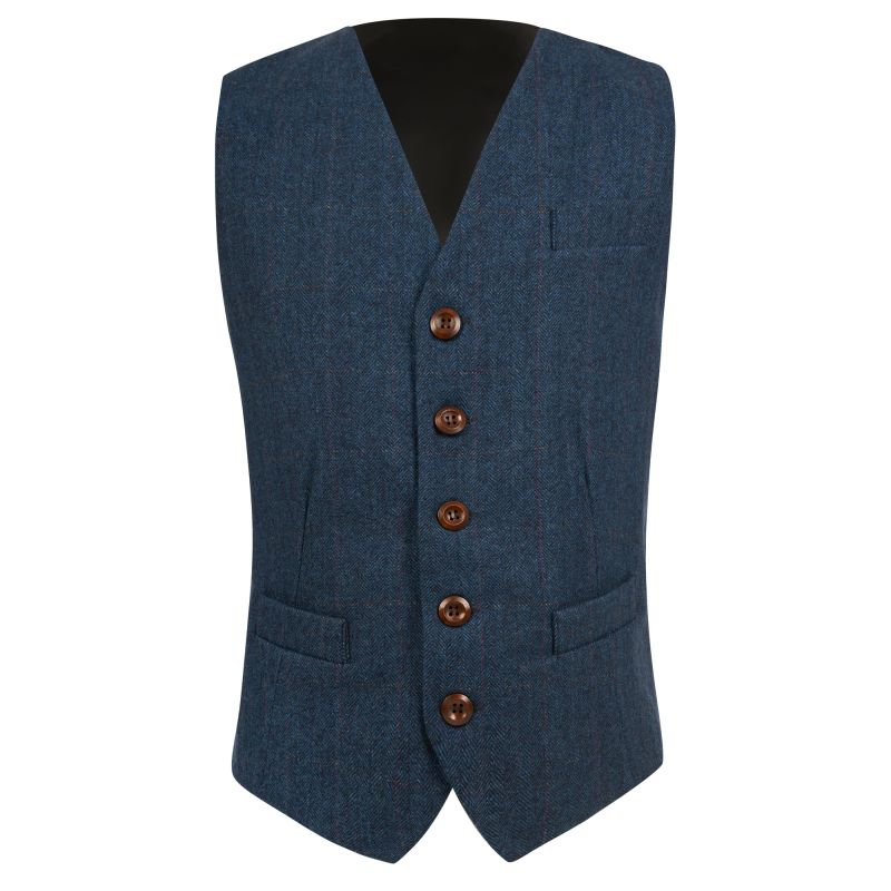 King & Priory Denim Blue Herringbone Check Waistcoat