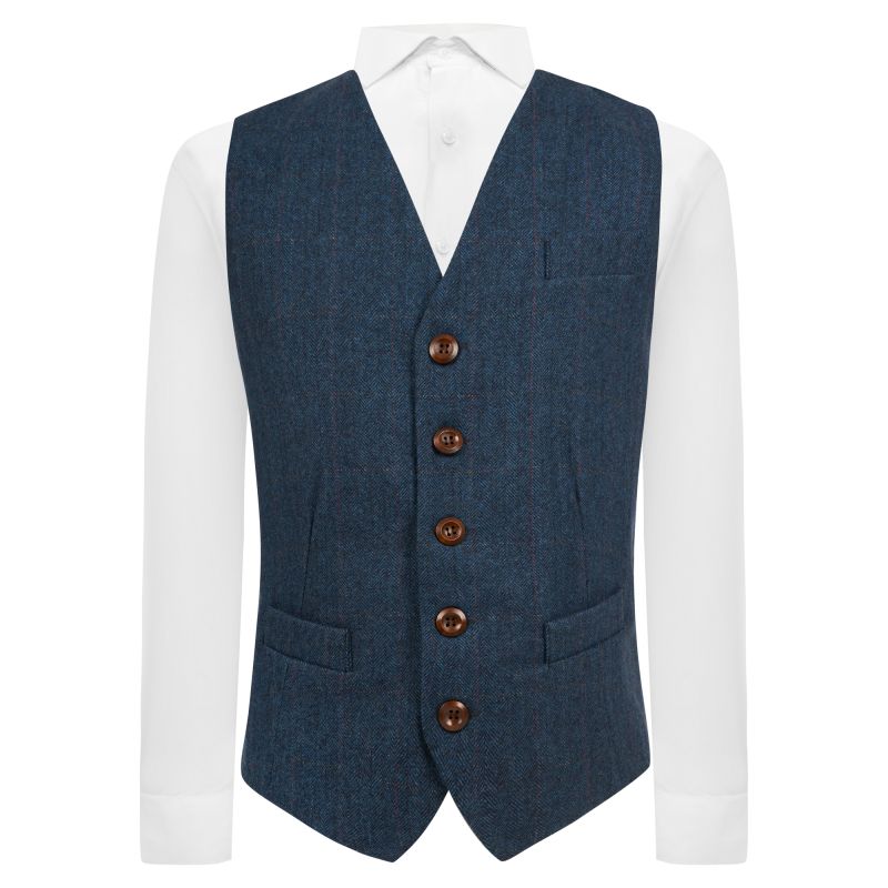 king & priory Denim Blue Herringbone Check Waistcoat
