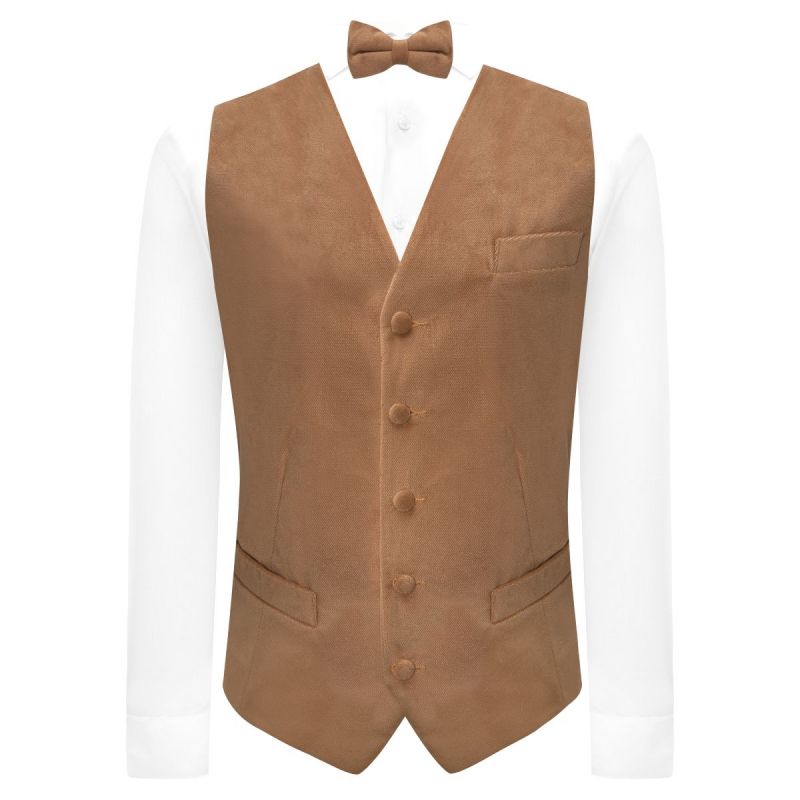 King & Priory Fawn Brown Textured Velvet Waistcoat