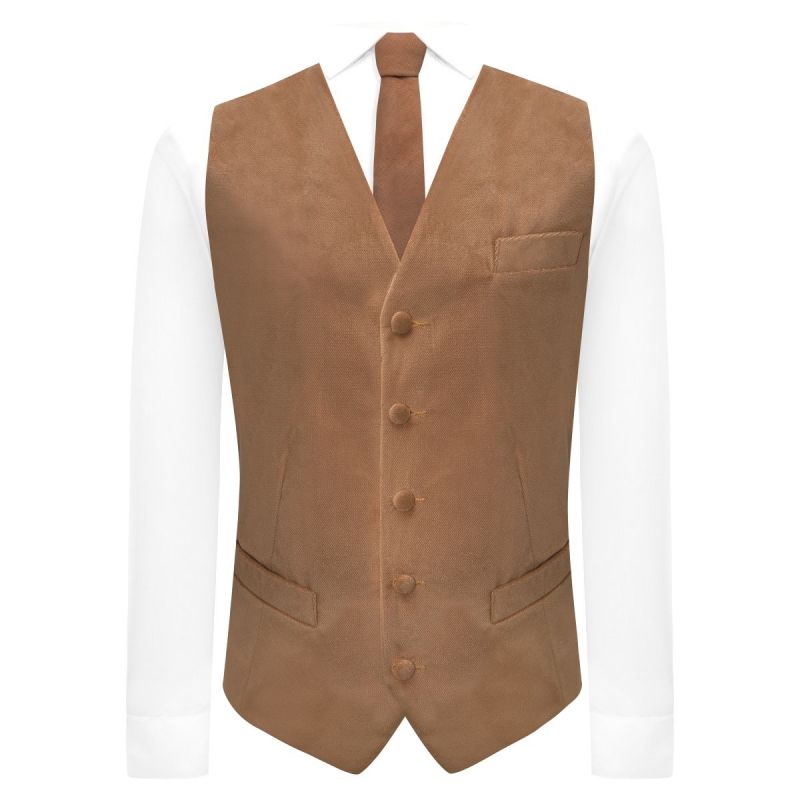 King & Priory Fawn Brown Textured Velvet Waistcoat