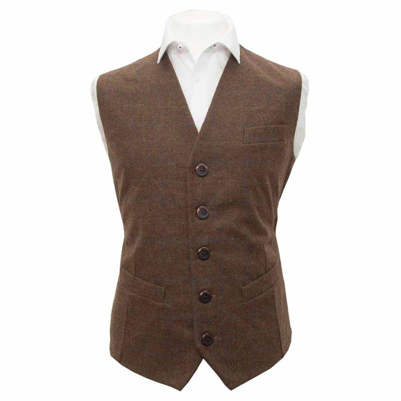 King & Priory Heritage Check Cedar Brown Waistcoat