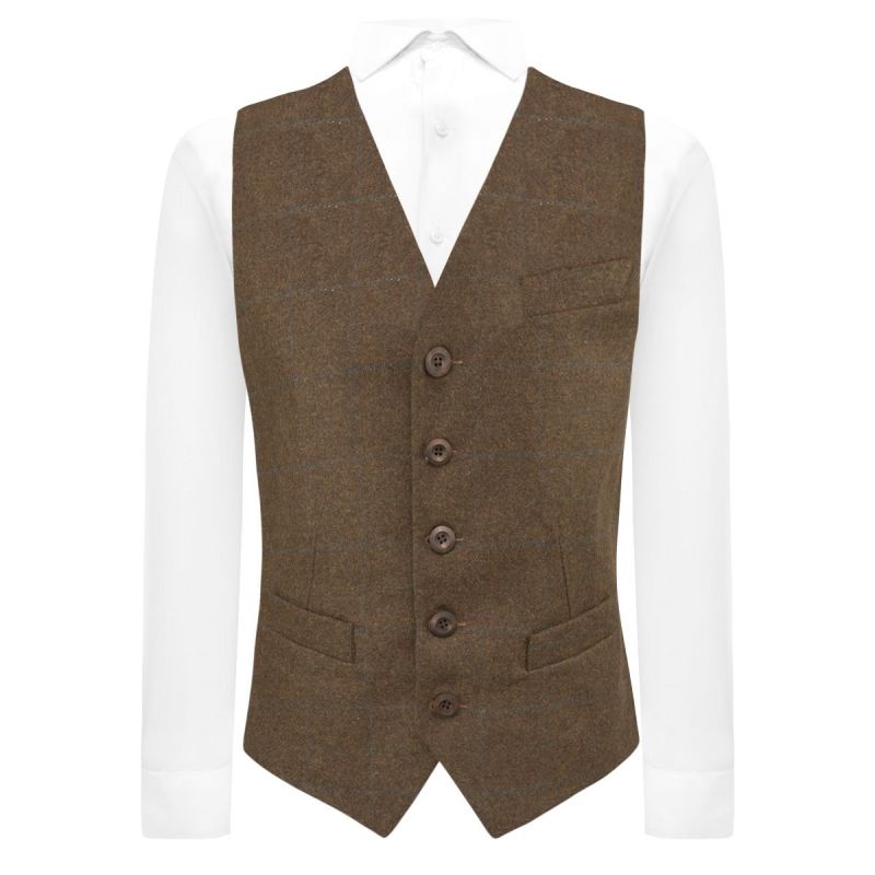 king & priory Heritage Check Cedar Brown Waistcoat