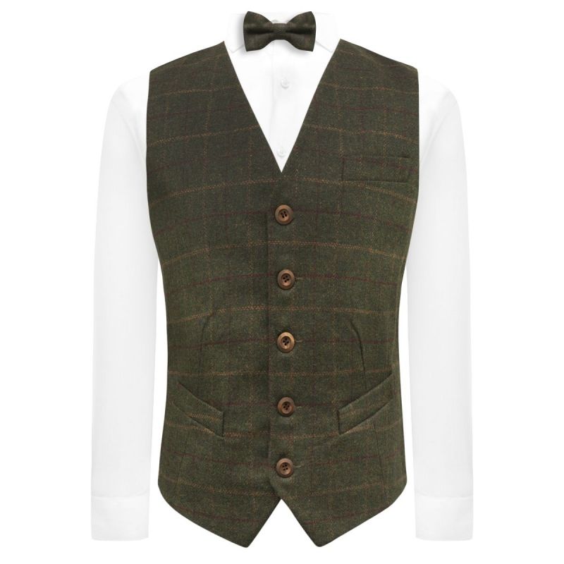 King & Priory Heritage Check Moss Green Waistcoat