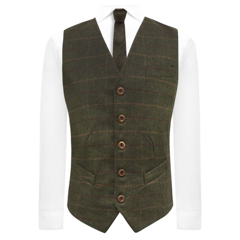 King & Priory Heritage Check Moss Green Waistcoat